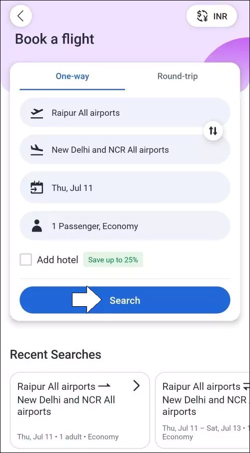 Enter airtports and passenger details and perform search