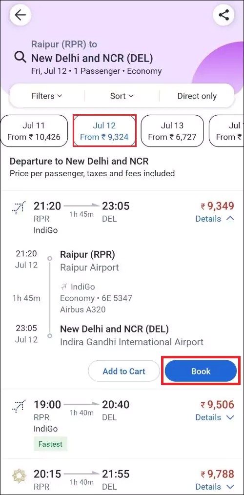 Select any flight and click on Book