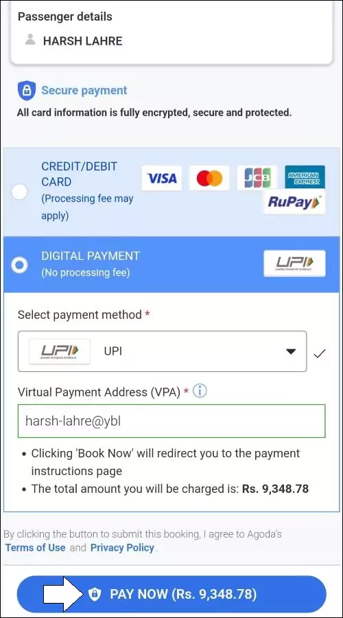 Pay for the flight booking
