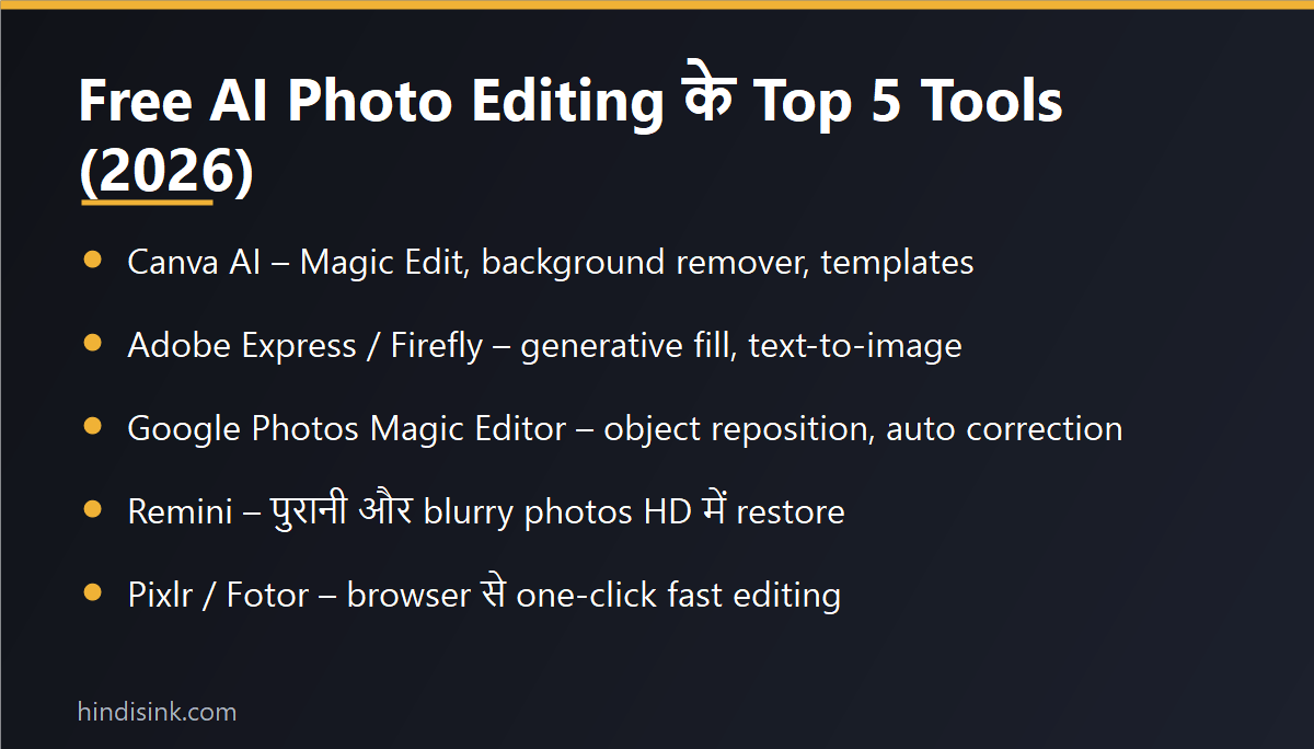 इन्फोग्राफिक: Free AI photo editing के top 5 tools – Canva AI, Adobe Express/Firefly, Google Photos Magic Editor, Remini और Pixlr/Fotor