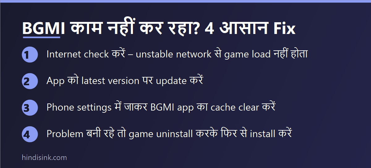 BGMI काम न करने पर 4 आसान fix बताने वाला इन्फोग्राफिक