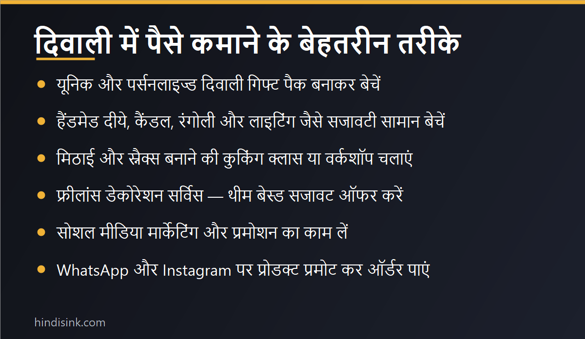 इन्फोग्राफिक: दिवाली में पैसे कमाने के 6 तरीके — गिफ्ट पैक, सजावटी सामान, कुकिंग क्लास, डेकोरेशन सर्विस, सोशल मीडिया मार्केटिंग और प्रमोशन