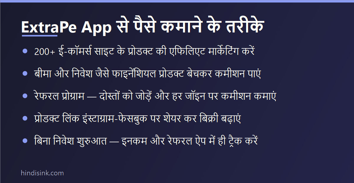 इन्फोग्राफिक: ExtraPe App से पैसे कमाने के तरीके — डील शेयरिंग, एफिलिएट लिंक, रेफ़रल प्रोग्राम और सोशल मीडिया शेयरिंग