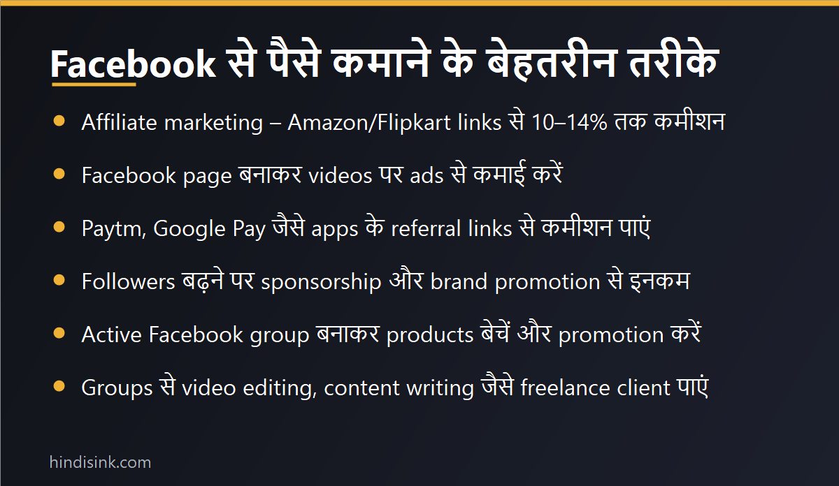 Facebook से पैसे कमाने के 6 बेहतरीन तरीके दिखाता इन्फोग्राफिक