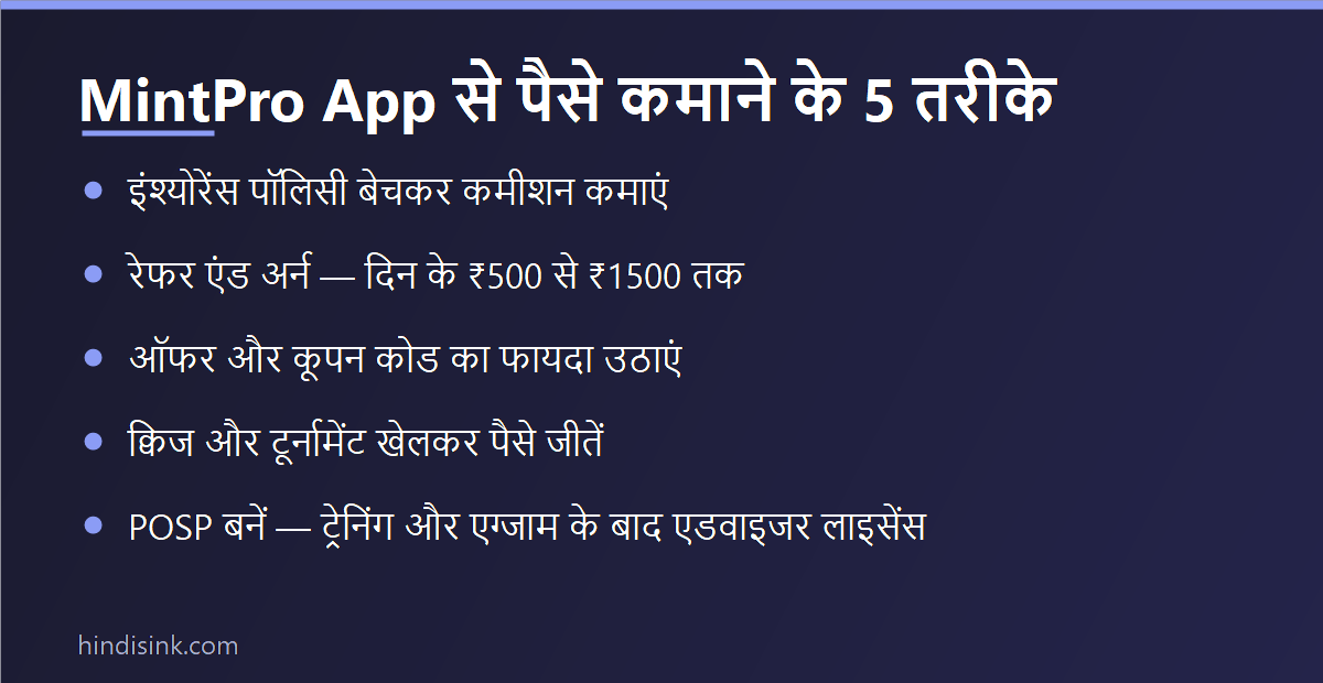 इन्फोग्राफिक: MintPro App से पैसे कमाने के 5 तरीके — इंश्योरेंस बिक्री, रेफर एंड अर्न, ऑफर, क्विज और POSP