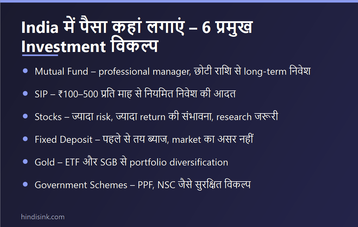 इन्फोग्राफिक: India में पैसा कहां लगाएं – Mutual Fund, SIP, Stocks, FD, Gold और Government Schemes के 6 प्रमुख investment विकल्प