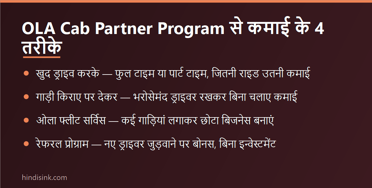OLA Cab Partner Program से कमाई के 4 तरीके — खुद ड्राइव, गाड़ी किराए पर, फ्लीट सर्विस और रेफरल दिखाता इन्फोग्राफिक
