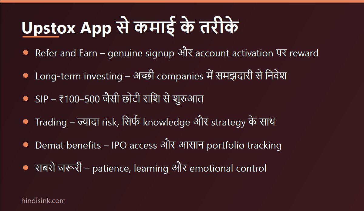 इन्फोग्राफिक: Upstox App से पैसे कमाने के तरीके – refer and earn, long-term investing, SIP, trading और demat account benefits